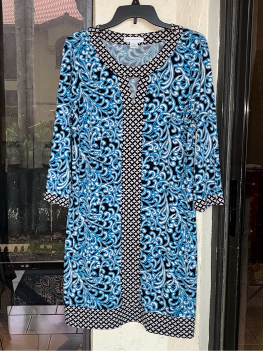 Liz Claiborne Blue and Black Scroll-Print Long Sleeve Dress